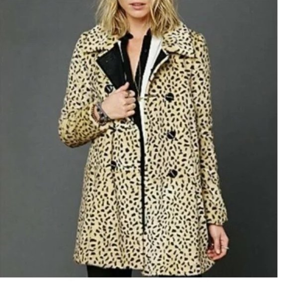 Free People Women's Leopard Print Jacket Coat Faux Fur Beige Black Size 8 - Picture 2 of 11